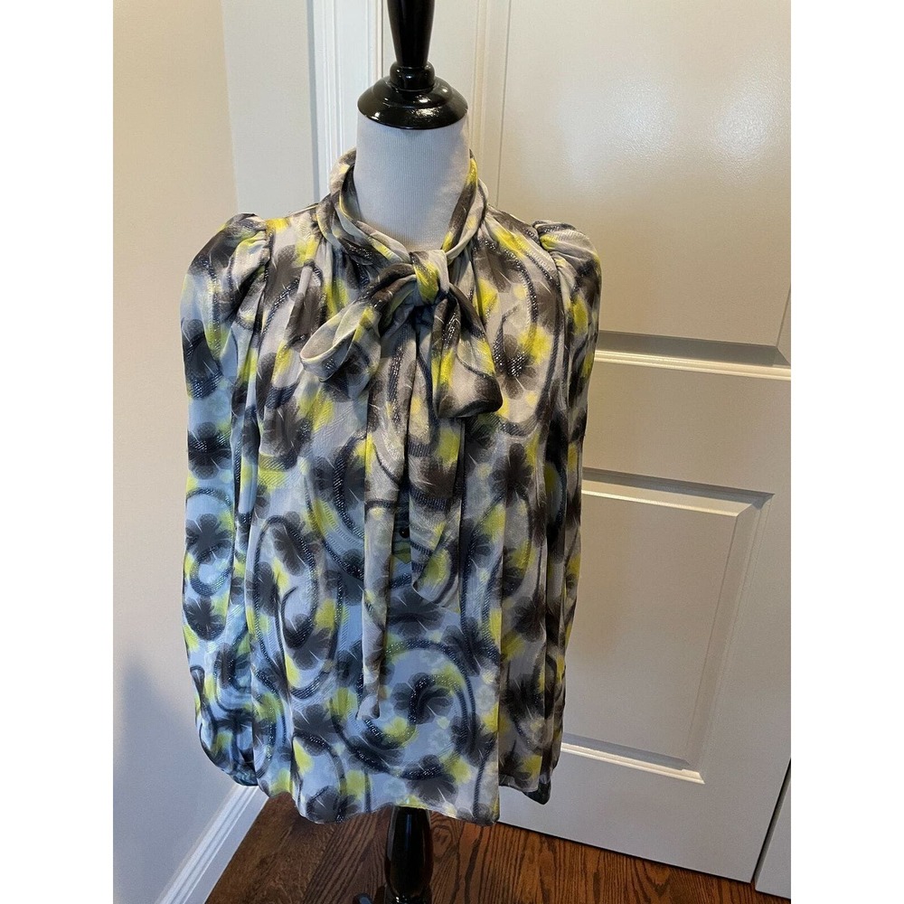 NWOT Peter Som Gray and Yellow Silk Print Tie Front Blouse SZ 10